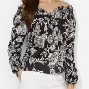 Ralph Lauren  Black/White Floral Smock Tie-Neck On/Off Shoulder Top